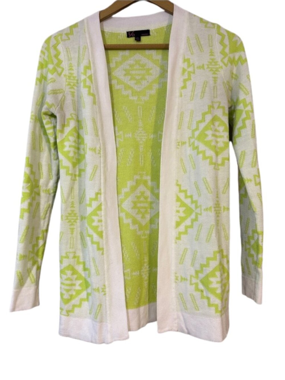 Lime Green & White Aztec Cardigan Open Front Lightweight Sweater Women’s Small